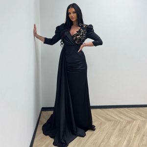 Black Prom Evening Dresses Formal V-Neck Appliques Mermaid Night Party Dress Long Sleeve Floor Length Gowns 328 328