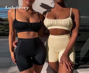 Sexy Ruffle Sport Set Women Black Summer Thin Two 2 Piece String Bra Shorts Yoga Sportsuit Workout Outfit 2020 Fitness Gym Sets5584083