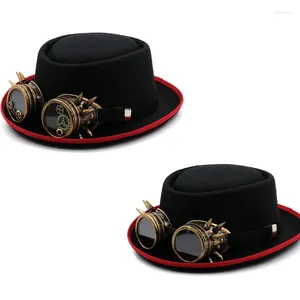 Berretti Steampunk Cappello a cilindro piatto per donna Uomo con occhiali Halloween Cosplay Costume da festa Berretto accessorio vintage gotico