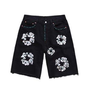 Denim Teers Shorts Jeans Flower Printed WREATH Jeans Diamond Denim Shortpants Slim Streewear Button Fly S Black Light Wash Blue Button Fly Jeans 411