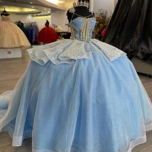 Sky Blue Off the ramion Quinceanera Sukienki tiulowe aplikacje Peading Perl Lace Up Vestidos de 15 Anos 2024 Księżniczka suknia balowa