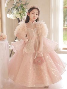 Różowe sukienki kwiatowe klejnot klejnot z koralikami błyszcząca dziewczyna konkurs kaskadowy marszcząca suknia balowa