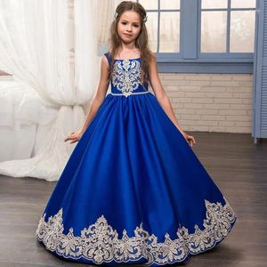 Girl Dresses Blue Satin Baby Flower Appliques Children Wedding Birthday Party Prom Evening Gowns