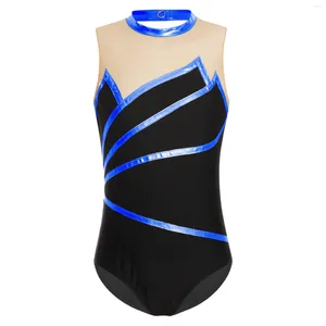 Stage Wear Kids Girls Ballet Dance Bodysuit Acrobatics Figure Skating Performance Dancewear Sleeveless Metallic Striped Gymnastics Leotard