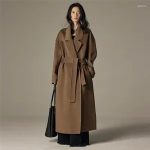 Women's Trench Coats Brown Spring And Autumn Woolen Coat Clothing Pure Color Lace-up With Lapel Pocket Long Loose ZM188