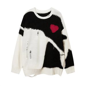 High Street Patchwork Sweater Loose Hole Ripped Casual Knit Tops Autumn Winter