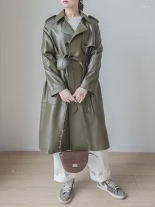 Jaqueta de couro feminina 2023 solto ajuste longo natural trench coat duplo breasted com cinto feminino estilo militar pele carneiro genu