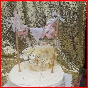 Festive Supplies Baby Pink Rag Tied Cake Buntings With Customized Wire Name Handmande Girls' First Year Birthday Toppers