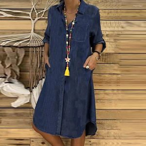 Casual Dresses Fashionable Womens Denim Irregular Dress Elegant Cardigan A-line Autumn Long Sleeved Solid Color Pocket Dres