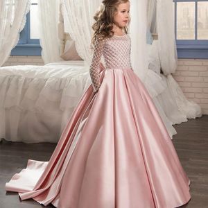 Vestidos de menina flor vestido rosa cetim malha brilhante arco casamento elegante criança primeira eucaristia aniversário bola festa presente