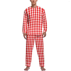 Mäns sömnkläder röd gingham pyjamas långa ärmar julkontroll pläd 2 stycken estetisk pyjama sätter hösten manlig design kawaii nattkläder