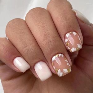 False Nails 24Pcs White Gold Designs Press On Nail Tips Pink Artificial Fake Square Short French Korean With