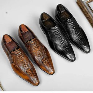 Dress Shoes Luxury Italian Designer Genuine Leather Men Handmade Business Wedding Derby Crocodile Pattern Male Moccasins