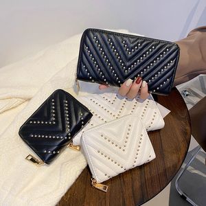 Factory wholesale women handbag street fashion rivet punk wallet personality Joker Thread leather womens wallets fashions stripes storage zipper Card bag 9524