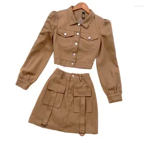 Work Dresses 2023 Autumn Sets Women's Retro Lapel Single-Breasted Puff Sleeve Short Jacket High Waist Skirt Two-Piece Suit