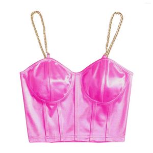 Tanques femininos sexy camis colheita topo feminino rosa espartilho bustier camisola tanque cetim seda corrente espaguete cinta sem costas bandagem y2k