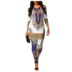 Women's Two Piece Pants Womens Casual Fashion Dashiki Tribal Suit 2 African Ethnic Printed Outfits 3/4 Sleeve Tops Shirt And Leggings Romper