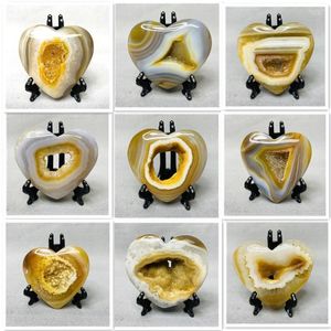 Decorative Figurines Agate Striped Geode Heart Shaped Hand Polished Carving Home Gift Spiritual Ornament Crystals And Stones Healing