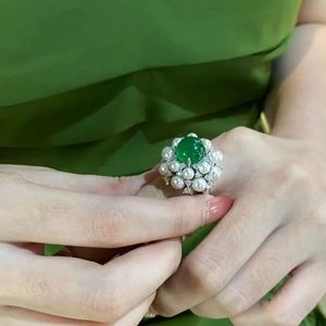 Grandmother Vintage 925 Sterling Silver Emerald Pearl Gemstone Wedding Fine Jewelry Cocktail Party Ring for Women Anniversary Gifts For Her With Box