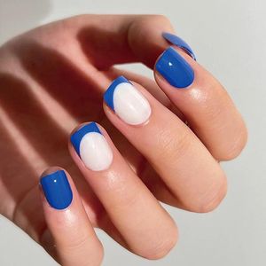 False Nails Blue French Wearable Nail Art Glossy Solid Color Cute Short Fake Detachable Finished Press On With Glue