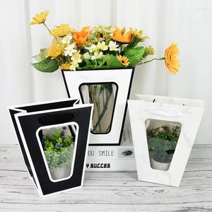 Gift Wrap Portable Flower Box Kraft Paper Transparent Trapezoid Shape Window Boxes Packing Wedding Bags