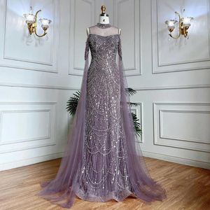 Vestidos de festa sereno colina árabe purpl sereia mangas cabo frisado luxo longo vestidos de noite 2023 para mulher casamento cla71992