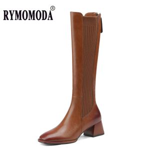 Boots Women Knee High Boots Handmade Luxury Cow Genuine Leather ZIP Brown Black Block Heels Warm Long Boot Winter Shoes Size 42 231027