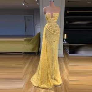 Party Dresses Yellow Sequins Prom Strapless Sexy Illusion Women Formal Event Evening Girls Gala Long Gowns