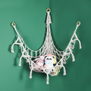 Macrame fylld animalisk leksaksnät hängmatta vägg hängande arrangör med tofs små plyscher boho förvaring för barn barnkammare rum