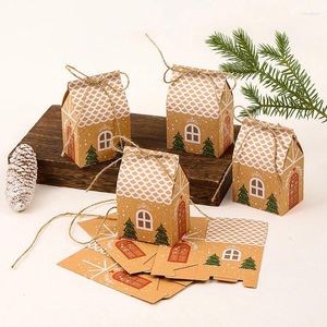 Gift Wrap 5pcs Christmas House Gifts Boxes Candy Cookie Package Kraft Paper Box Bag With Rope For Xmas Year Party Supplies Decoration