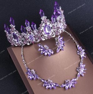 Ädla lila kristall brud smycken uppsättningar halsband örhängen krona tiaras set afrikanska pärlor smycken set bröllop klänning tillbehör mode smycken jewelry set