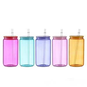 16oz Colorful Glass Cup Straw Cup High Borosilicate Glass Cups with colorful plastic lids Beer Tumblers S10