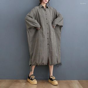 Casual Dresses 2023 Arrival Japanese Korea Style Plus Size Loose Oversize Autumn Plaid Blouse Dress Fashion Women Spring Long