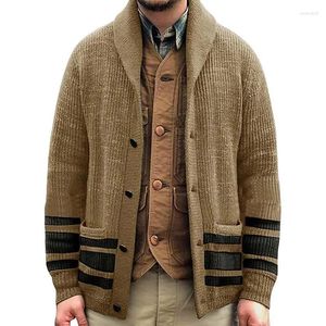 Maglioni da uomo Cardigan a maniche lunghe Maglione Cappotto lavorato a maglia Jacquard Risvolto a righe Stile retrò casual Autunno Inverno