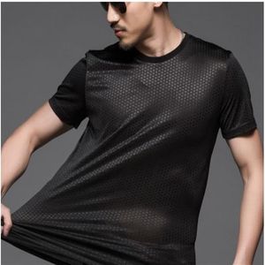 T-shirt da uomo estiva girocollo stampata top a maniche corte t-shirt scozzese di grandi dimensioni alta elasticità seta ghiaccio sexy traspirante botto cavo335A