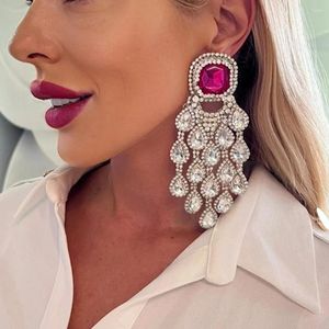 Kolczyki Dangle Pink Rhinestone frędzle przesadzona oświadczenie projektant biżuterii elegancka kobiety kwadrat duży impreza granica