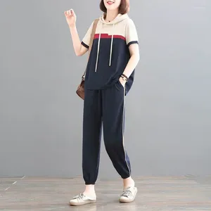 Kvinnors tvådelade byxor sätter stor storlek koreansk stil lös kort ärm huva trackduit t-shirt och blå harem kvinnor kläder
