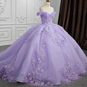Lavanta tatlım prenses quinceanera omuz aplike çiçek dantel-up korse tatlı 16 elbise vestidos de 15 anos