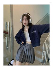 Women's Hoodies Deeptown Harajuku Y2K Letter Zip Up Women Korean Style Hippie Gray Cropped Sweatshirts Oversize Kpop Long Sleeve Tops