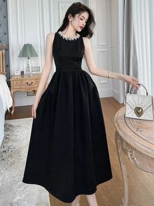 Vestidos casuais básicos femininos verão elegante vestido preto para mulheres frisado cintura alta a linha balanço vestido longo desfile de moda banquete anfitrião robe femme vestidos de festa 2024