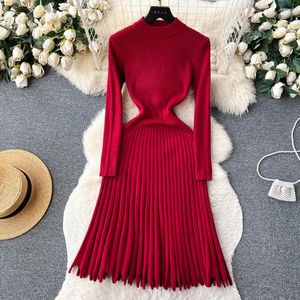 Casual Dresses Sweater Dress Women 2023 Autumn Winter Long Sleeve Elegant Party Knitted Round Neck Midi Pleated