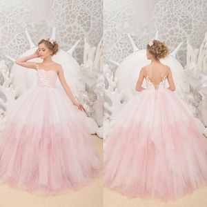 Vestidos de menina rosa elegante flor inchada sem mangas vestido de festa de aniversário concurso vestido de primeira comunhão para crianças