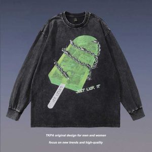 Erkek Hoodies Sweatshirts tkpa High Street Yıkanmış Eski Uzun Kollu Tshirt Erkek ve Kadınlar Amerikan Tatlı havalı hip hop moda markası Çift