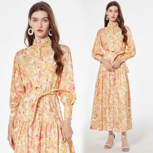 Floral Print Women Maxi Dress Robes Luxury Designer Stand Collar Slim Ruffles Boho Runway Yellow Long Dresses 2023 Autumn Winter Vacation Party Lace Up Bow Frocks