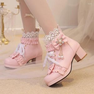 Buty urocze Lolita Style Crystal Flower Pearl łańcuch kostki Girls Crossed 2023 Buty imprezowe dla księżniczki 7 10 12 14 16 18