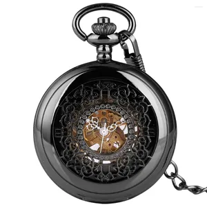 Pocket Watches Classic Elegant Black Hollow Watch Hand Winding Mechanical Fob Men Women Necklace Chain Clock Accessory Gift