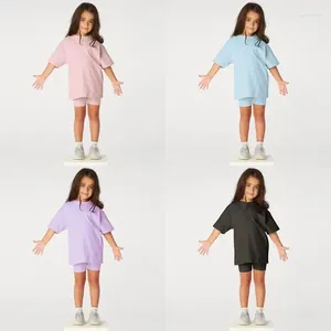 Kläder set baby boutique girl bomull kort t-shirt set rund hals ren färg flickor bruna toppkläder och gröna byxor med många färg