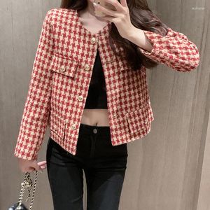 Kvinnors jackor Runway French Spring Woolen tweed liten doft Houndstooth Jacket Luxury Elegant Ol Coat Kvinnliga ytterkläder casacos