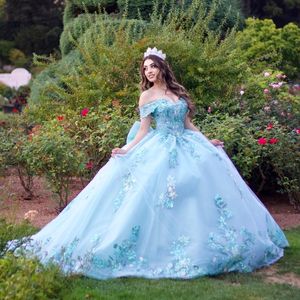 スカイブルーの恋人甘い16 Quinceaneraドレス2024キラキラ光るレースアップリケ3D花プリンセスボールガウンVestidos de 15 Anos