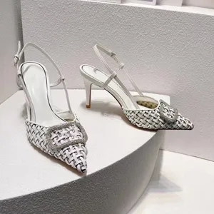Elegant high heeled sandals fashionable leather woven rhinestone decorative designer shoes women casual pointed ankle strap buckle classic party slingbacks